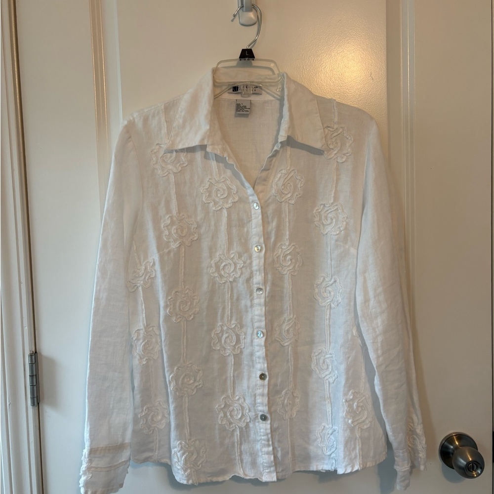 Carole Little White Linen Shirt Size Large Floral Embroidery